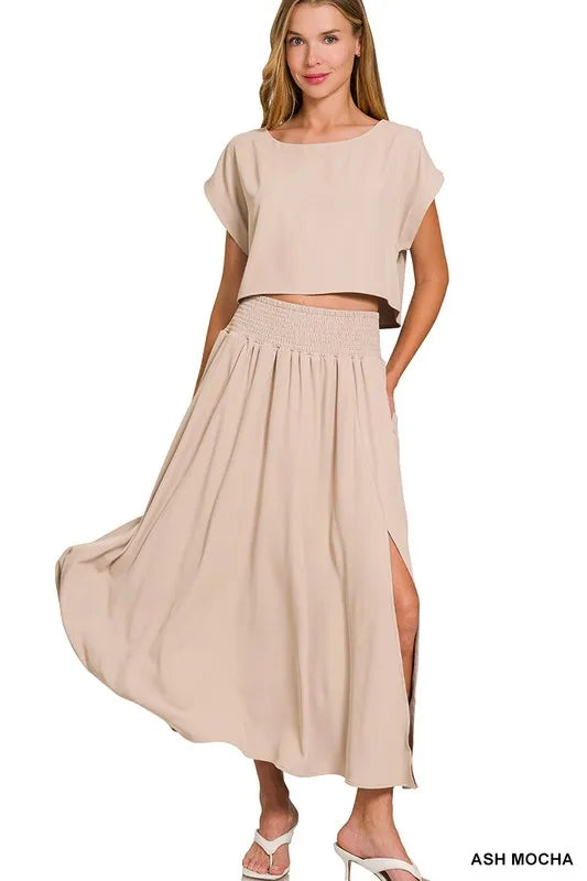 Zenana Heavy Woven Span Crop Tee & Skirt Set
