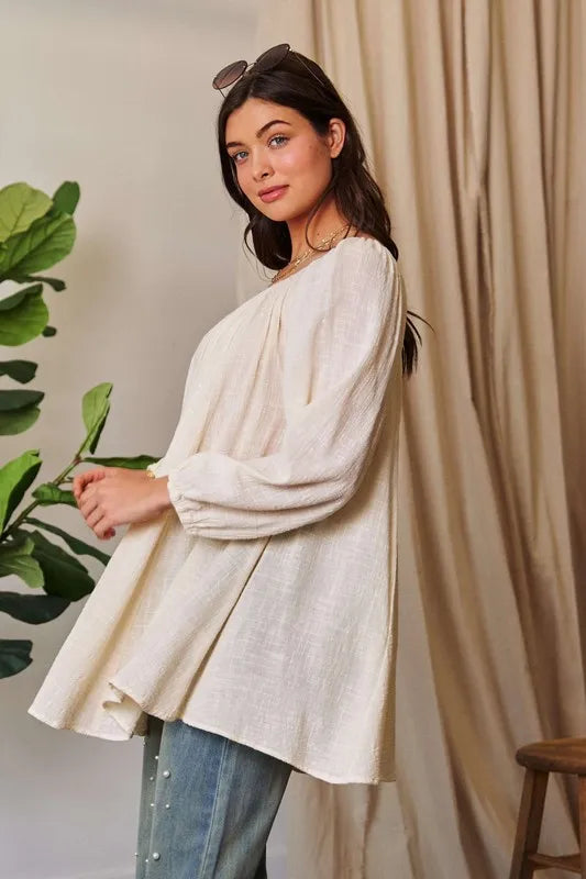 Davi & Dani Crinckled Texture Fabric Round Neck Swing Top