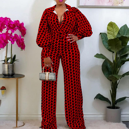 Loose Elastic V-neck Straight High Waist Jumpsuit