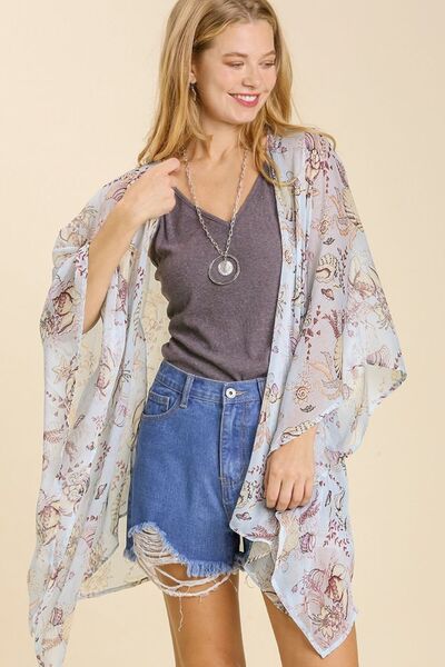 Umgee Full Size Sheer Mixed Print Kimono with Side Slit Plus Size Light Blue
