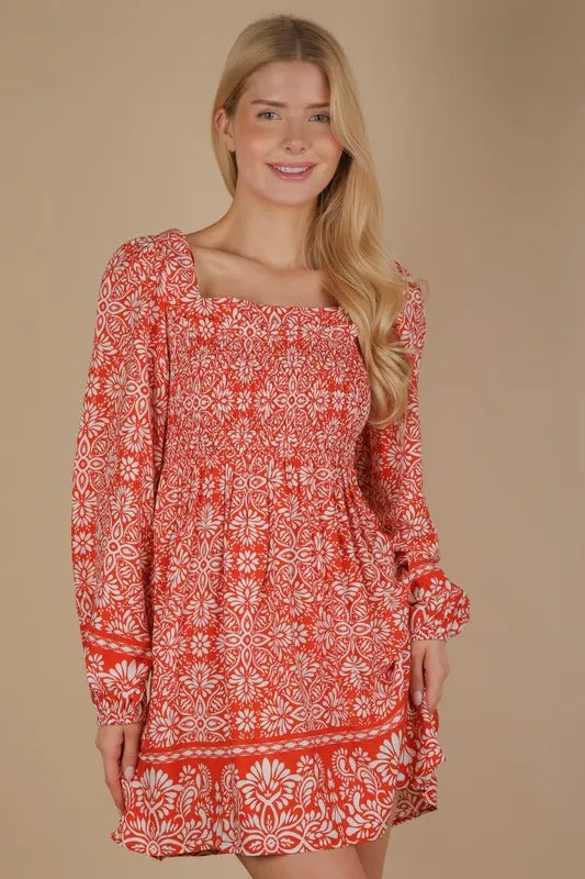 VERY J Printed Smocked Chest Boho Mini Dress Rust