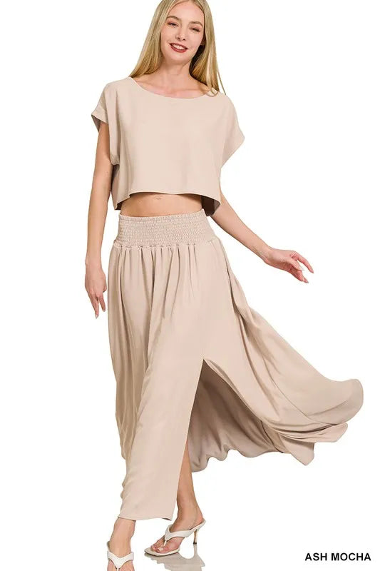 Zenana Heavy Woven Span Crop Tee & Skirt Set ASH MOCHA