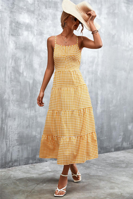 Plaid Square Neck Midi Cami Dress Tan