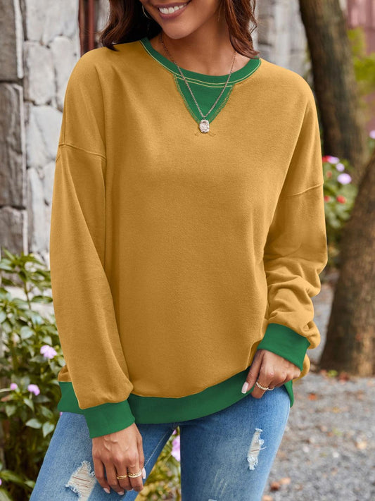 Lovelet Contrast Round Neck Long Sleeve Sweatshirt Mustard