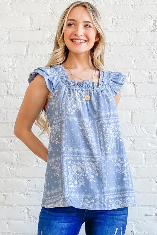 And The Why Boho Print Rayon Linen Ruffle Baby Doll Tank Top
