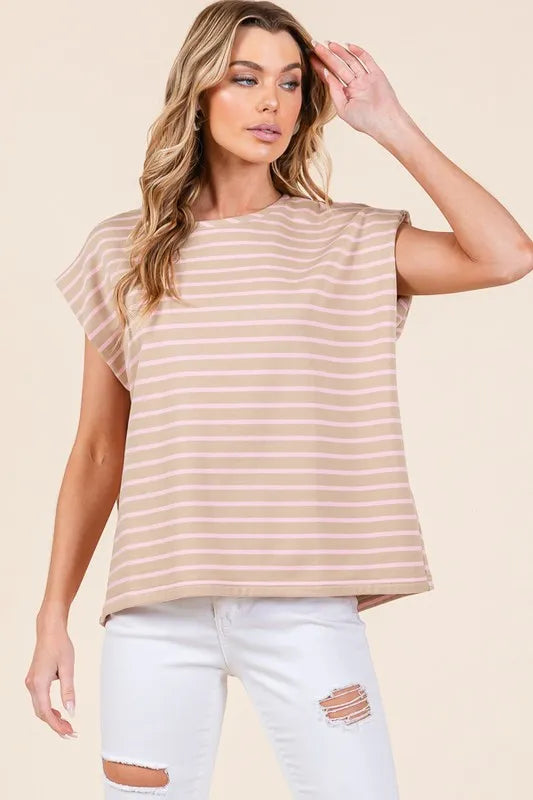 Lime 'N' Chili Striped Muscle Sleeve Top TAUPE