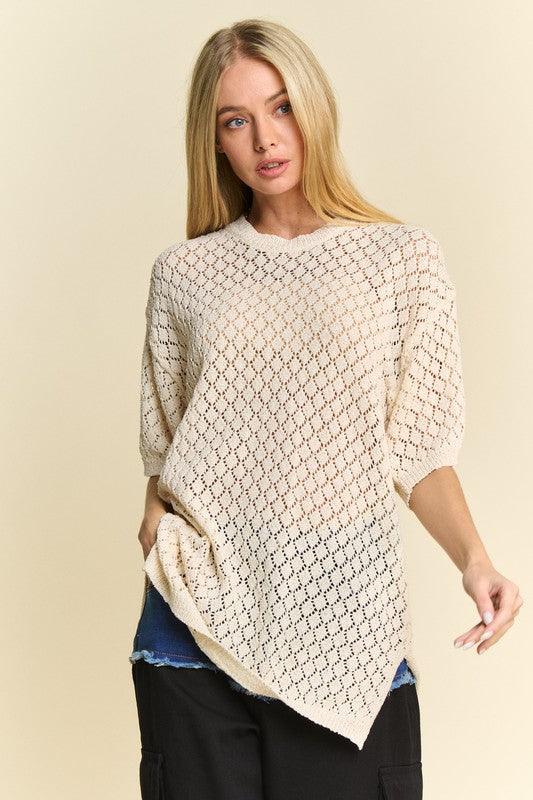 Davi & Dani Side Slit Openwork Round Neck Half Sleeve Knit Cover Up CREAM BEIGE