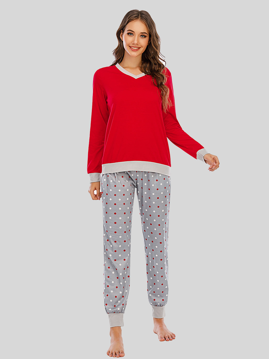 Long Sleeve Top and Polka Dot Pants Set Deep Red