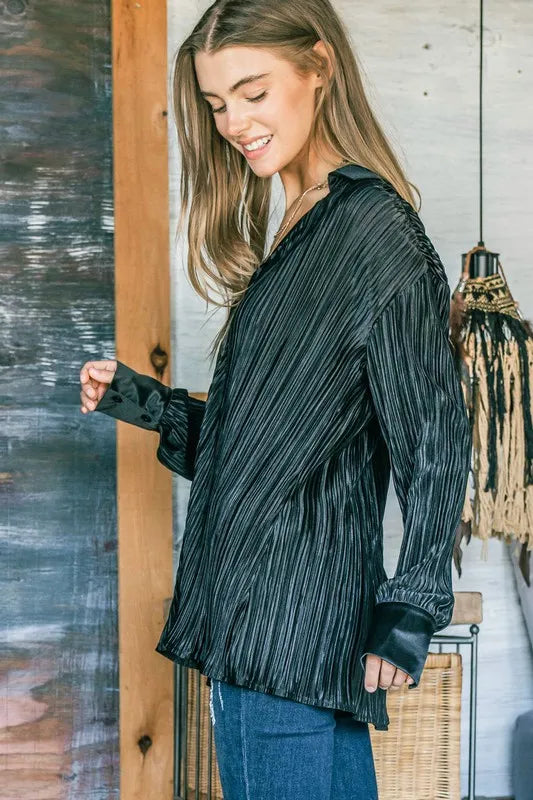 And The Why V Neck Pleated Long Sleeves Shirt