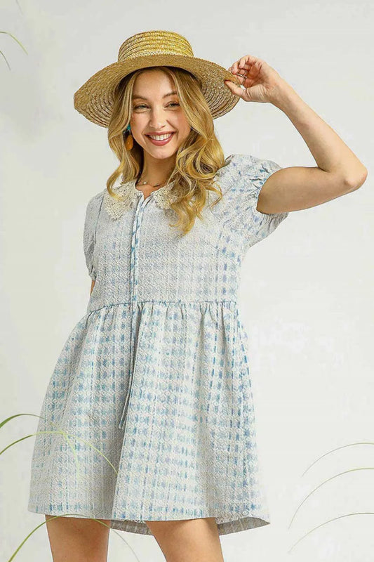 Umgee Lace Detail Short Puff Sleeve Mini Dress Sky Blue