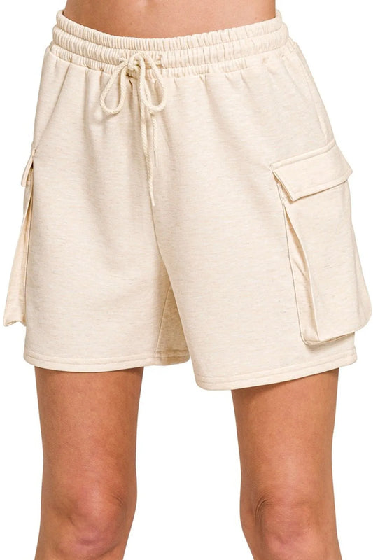 Zenana Scuba Thigh Pocket Shorts H BEIGE