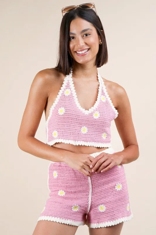 VERY J Floral Crochet Top and Shorts Set