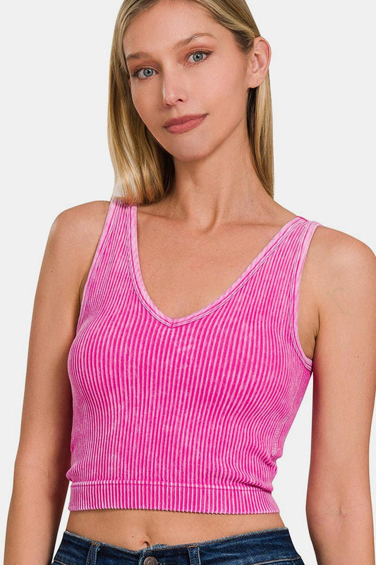 Zenana Washed Ribbed Cropped Bra Padded Tank Hot Pink