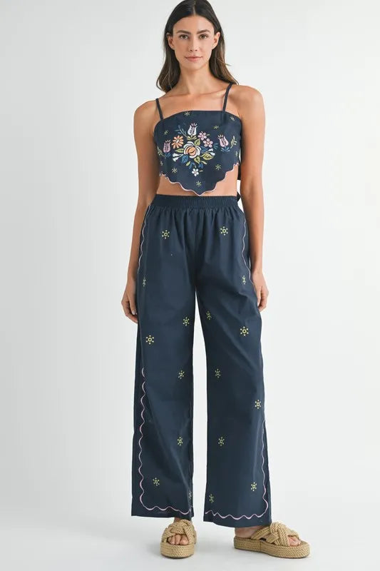 MABLE Linen Embroidered Scarf Top and Pants Set Navy
