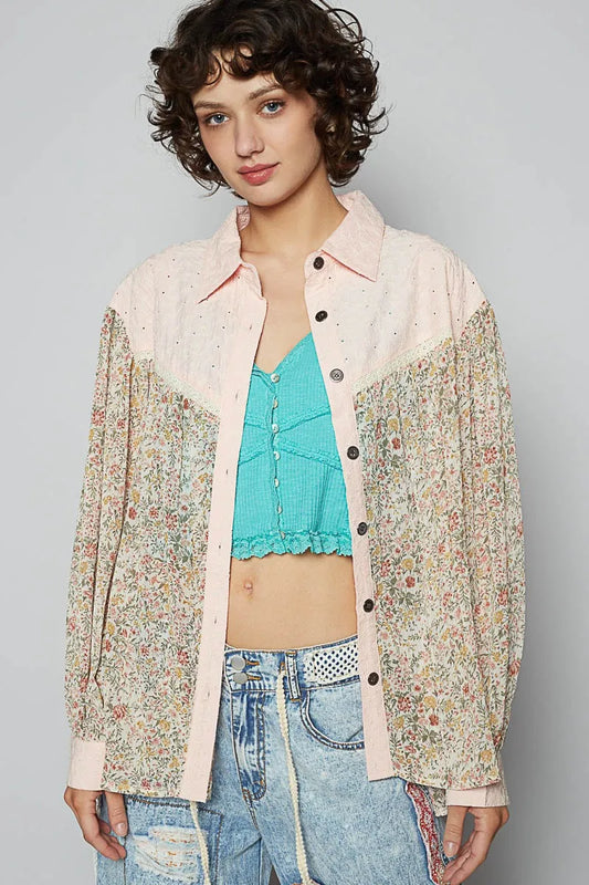 POL Floral Print Button-Up Shirt Apricot