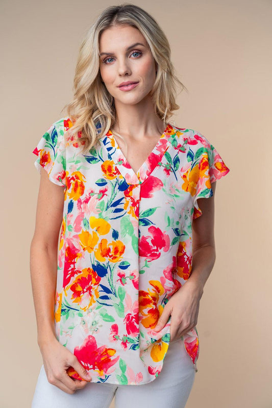 White Birch Full Size Short Sleeve Floral Woven Top White Multi