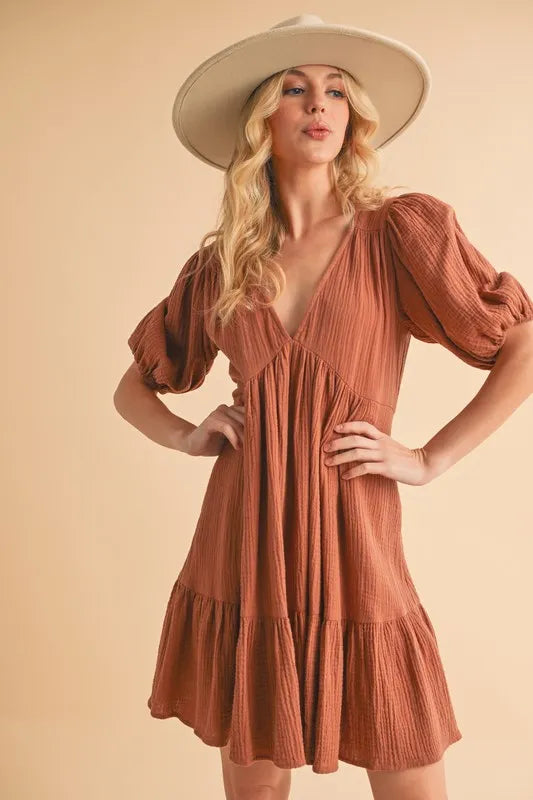 Aemi+Co Tied Back Ruffled Short Sleeve Mini Dress TERRACOTTA