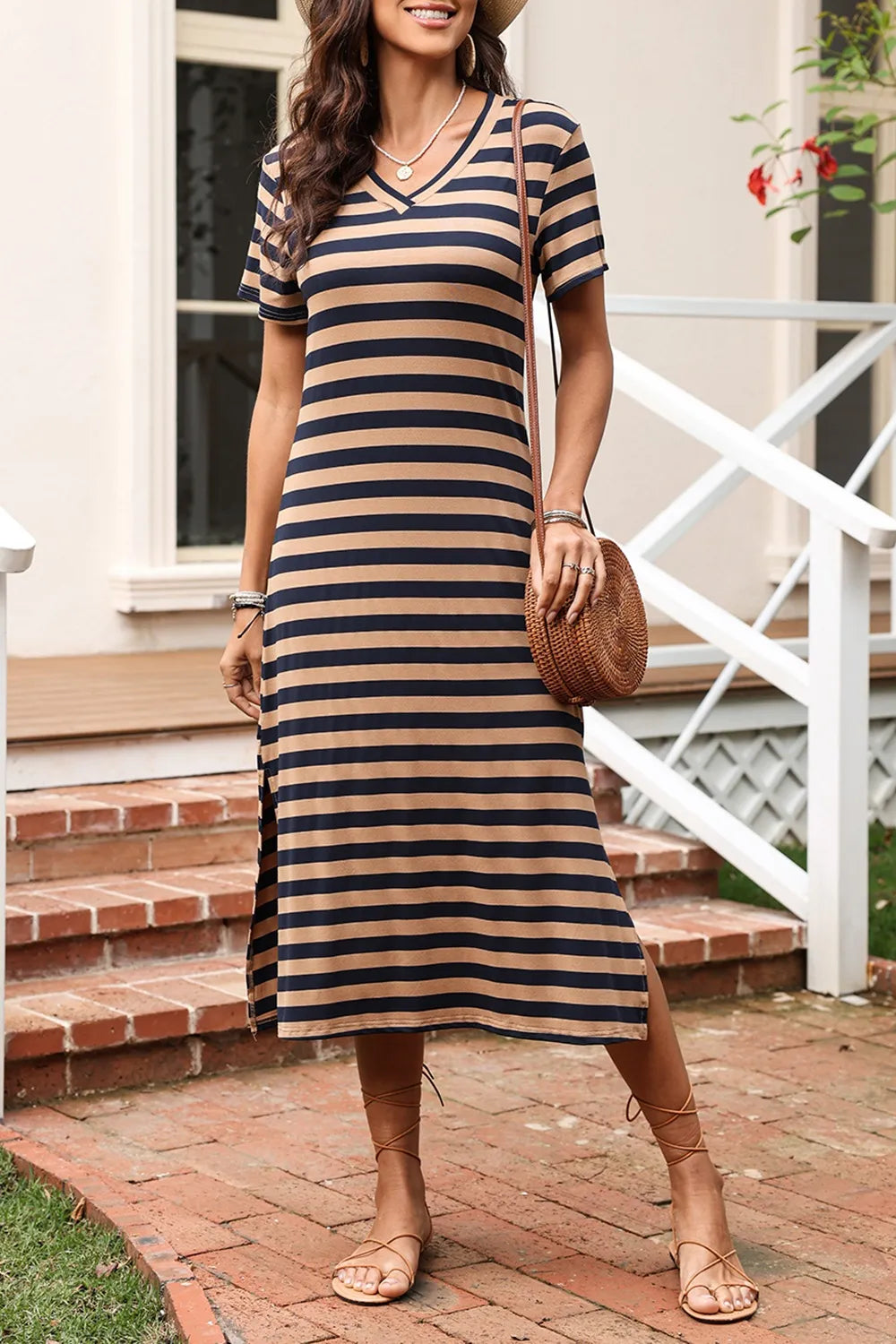Casual Striped V-Neck Midi T-Shirt Dress