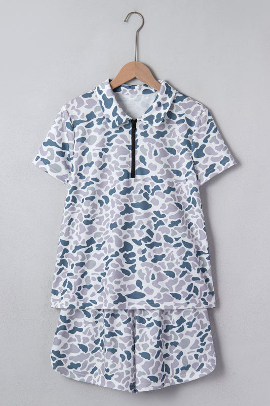 Abstract Camo Polo Collar T-Shirt & Shorts Set