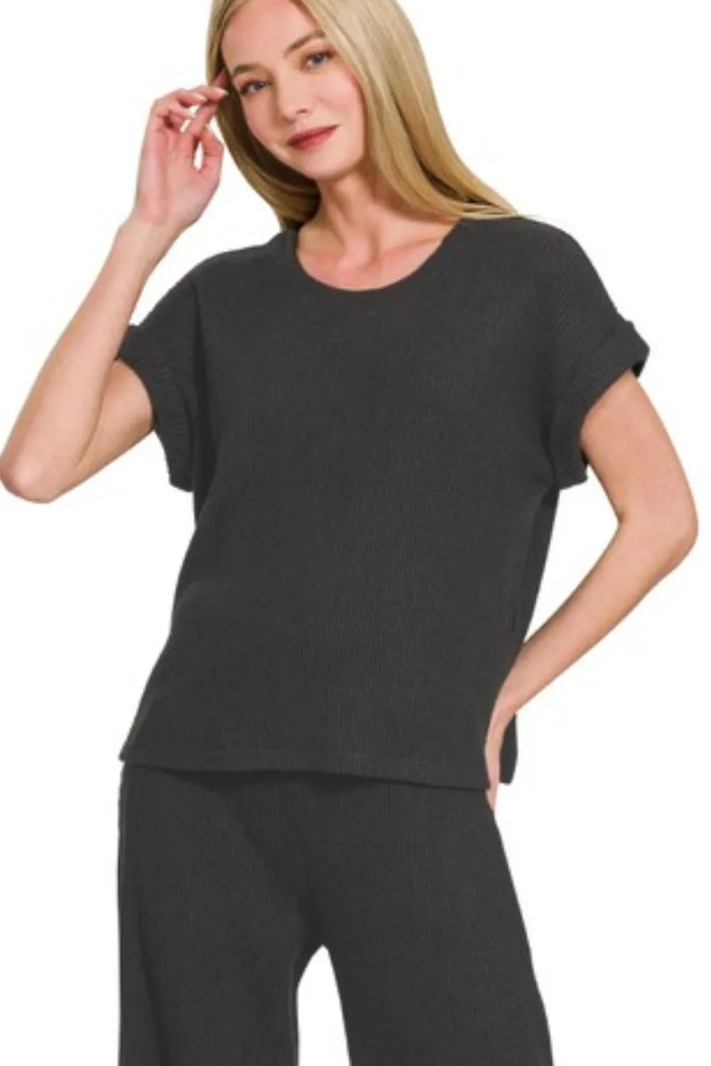 Zenana Rolled Sleeve Top and Pants Sweater Set