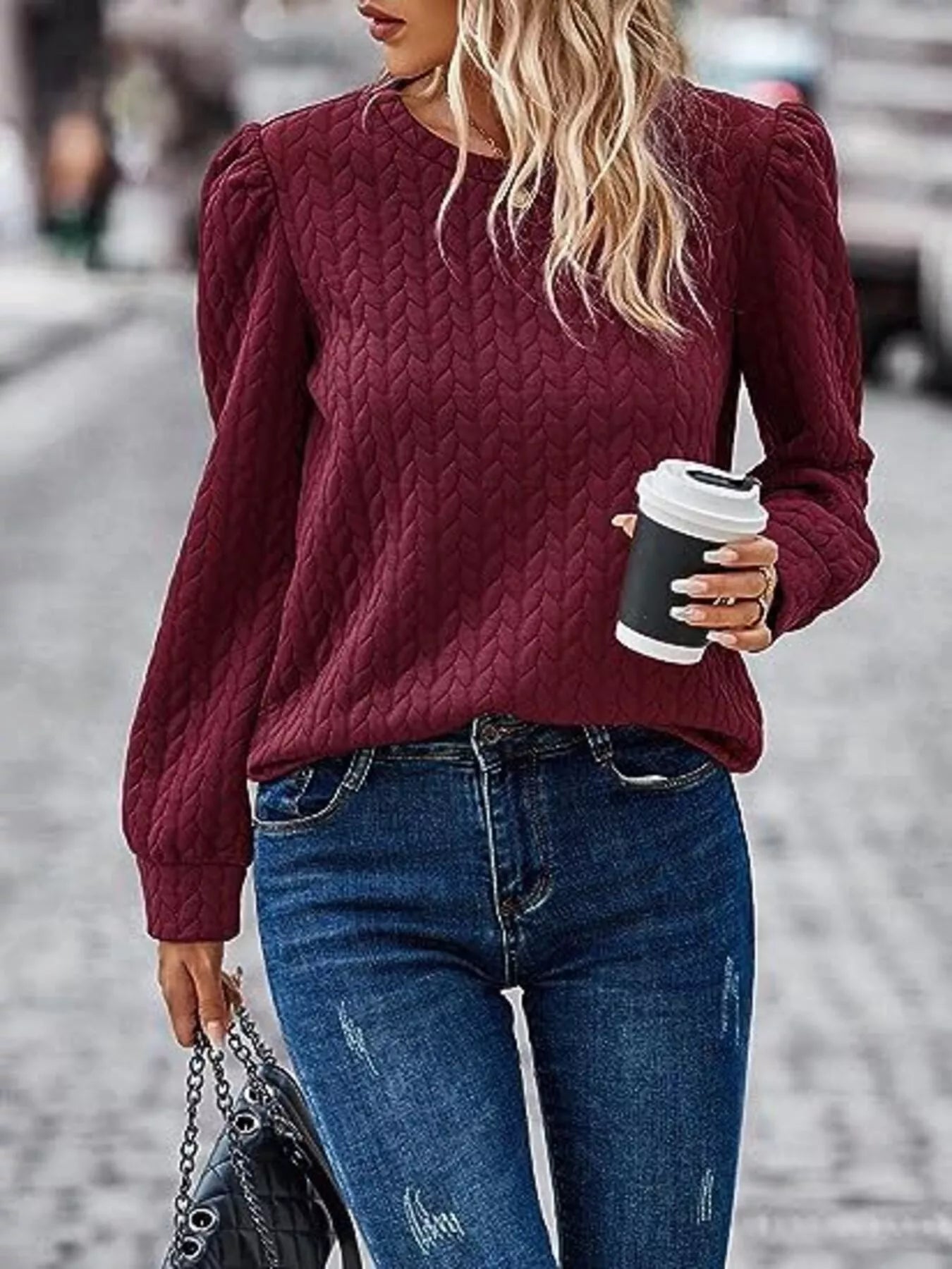 Texture Round Neck Long Sleeve Sweatshirt