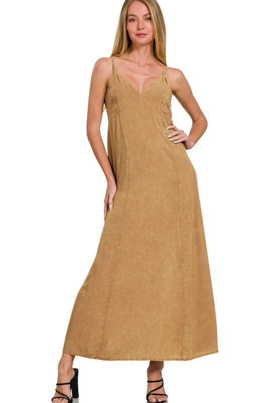Zenana Mineral Washed Rayon Challis Cami Dress DEEP CAMEL
