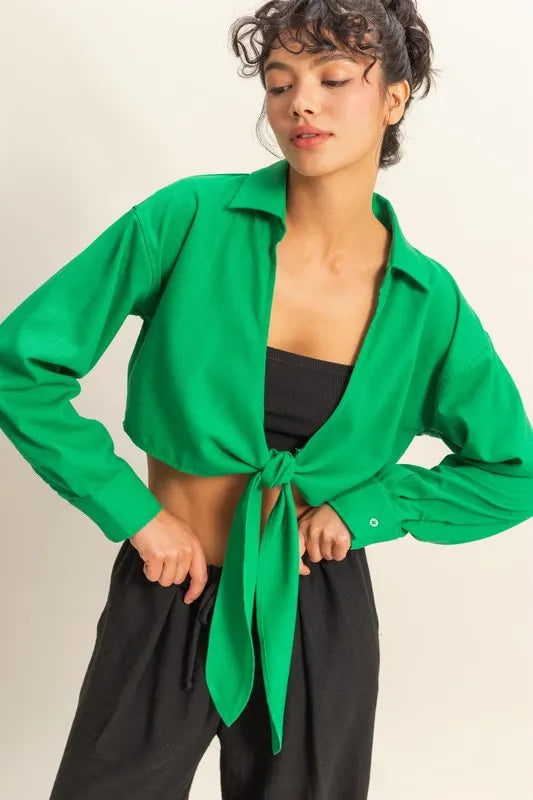 HYFVE Washed Tie Front Crop Top GREEN