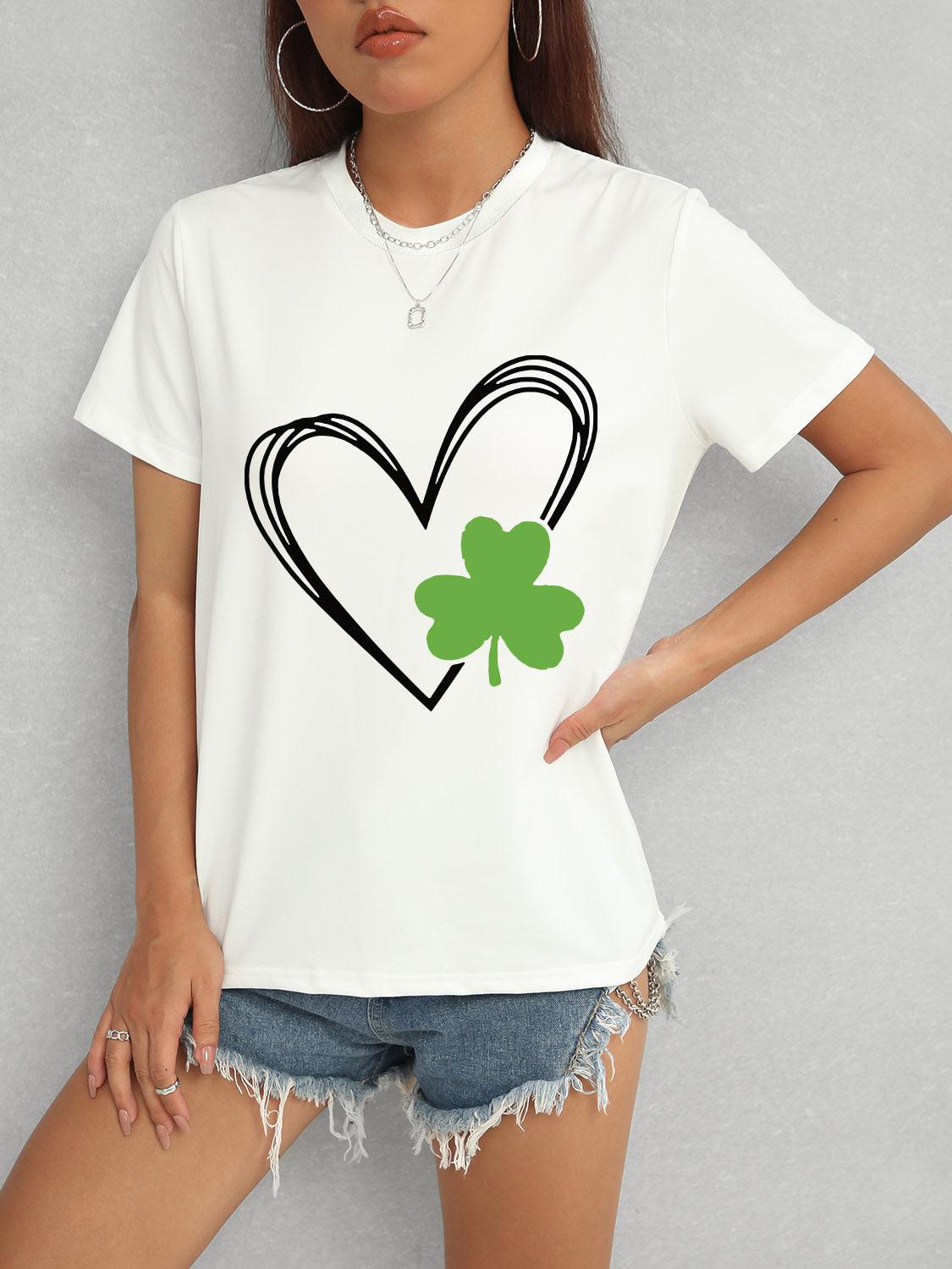 Heart Lucky Clover Short Sleeve T-Shirt White