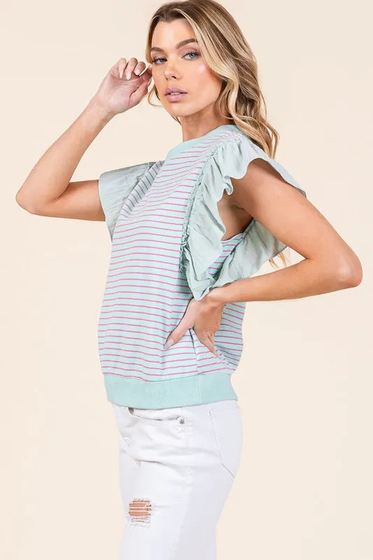 Lime 'N' Chili Striped Contrast Ruffle Detail Sleeveless Top