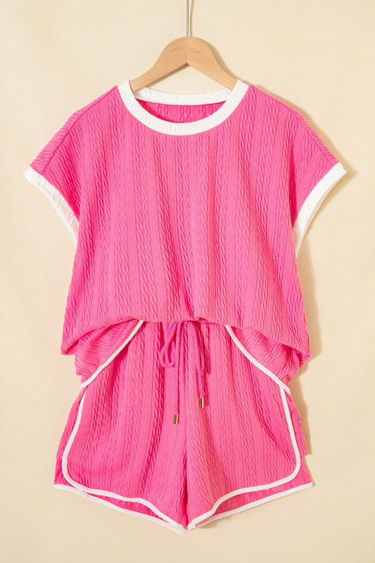 Colorblock Textured Tee & Drawstring Shorts Set