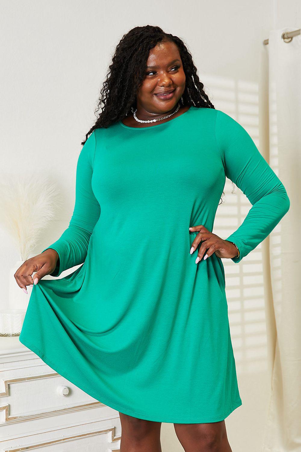 Zenana Full Size Long Sleeve Flare Dress with Pockets Teal