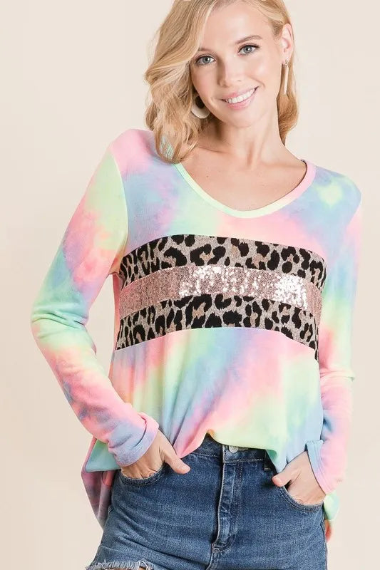 BiBi Tie Dye Deep U-neck Top with Leopard and Sequins