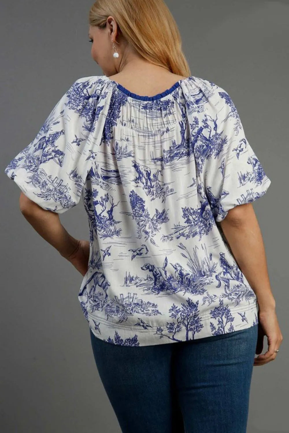 Umgee Full Size Two Tone Landscape Round Neck Print Top Plus Size