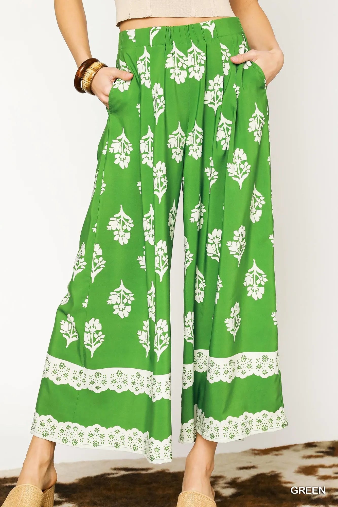 Umgee Floral Pleated Wide-Leg Pants Green