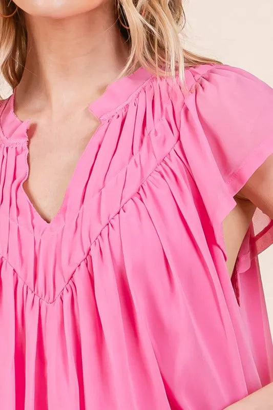 Lime 'N' Chili Solid Shirred Flutter Sleeve Chiffon Blouse
