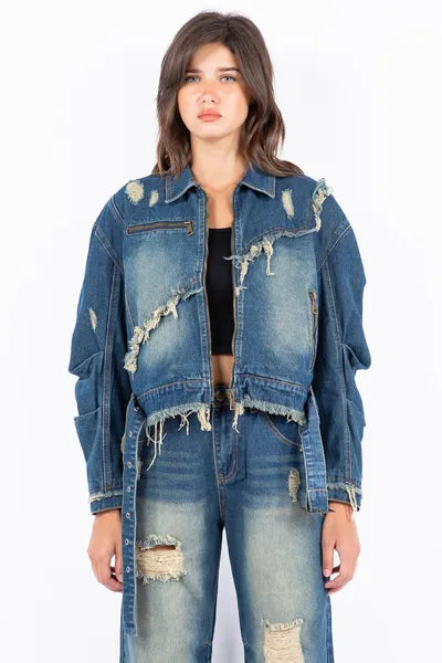 American Bazi Full Size Distressed Frayed Edge Zip Up Denim Jacket Plus Size Medium