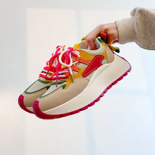 Lace Up Contrast Round Toe Platform Sneakers Hot Pink