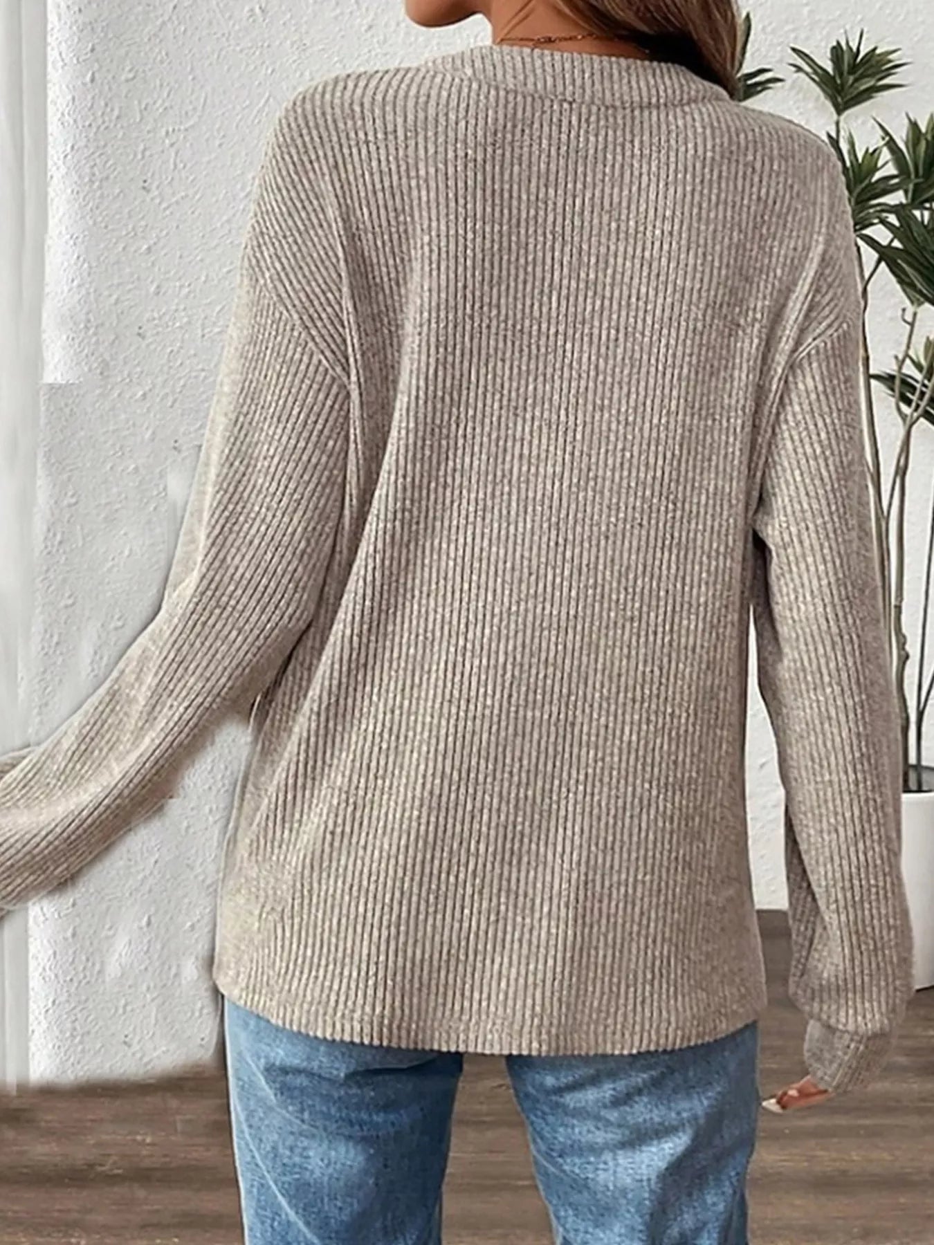 Ribbed Button Detail Long Sleeve T-Shirt