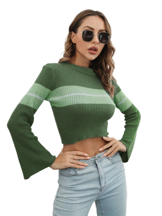 Ribbed Color Block Round Neck Cropped Sweater Army Green