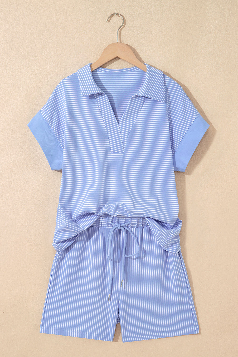 Stripe Dolman Sleeve Polo Shirt & Drawstring Shorts Set