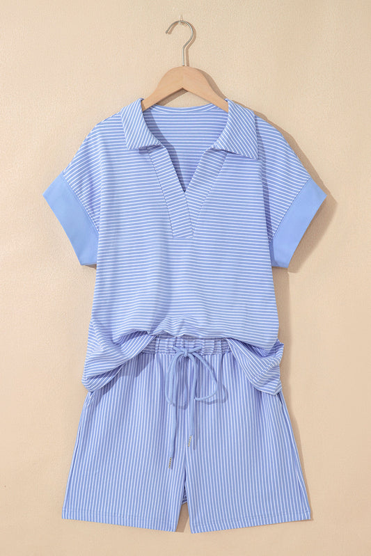 Stripe Dolman Sleeve Polo Shirt & Drawstring Shorts Set