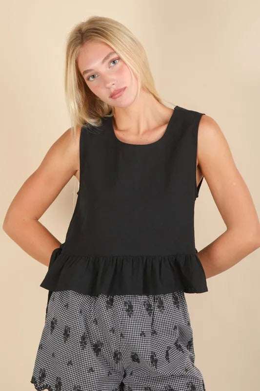 VERY J Side Tie Detail Ruffled Sleeveless Top Black