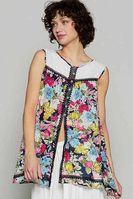 POL Lace Detail Floral Print Sleeveless Blouse Ivory