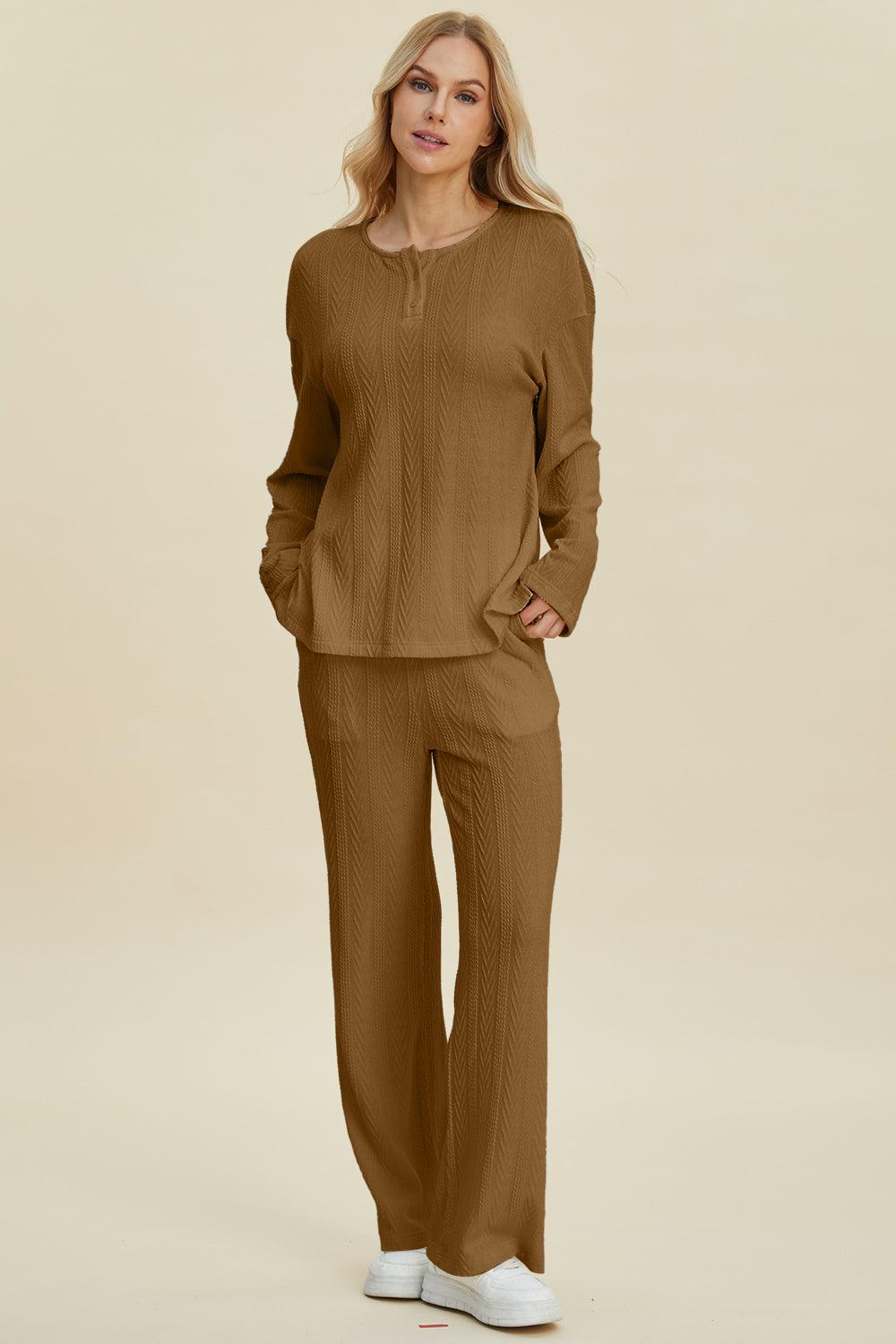 Double Take Full Size Cable-Knit Long Sleeve Top and Pants Set Camel