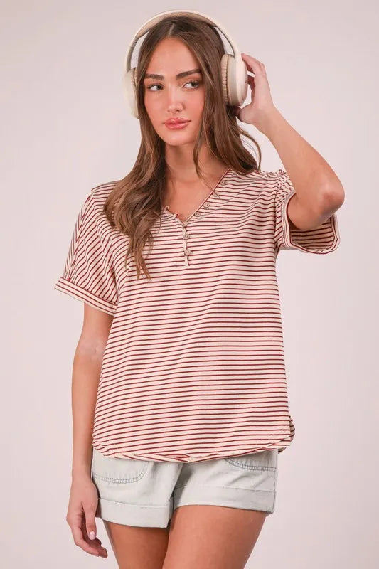 VERY J Striped V-Neck Short Sleeve T-Shirt