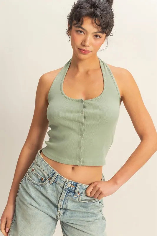 HYFVE Halter Neck Buttoned Washed Top SAGE GREEN