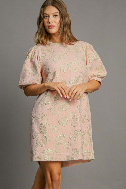 Umgee Floral Jacquard Puff Sleeve Mini Dress Lt.Pink