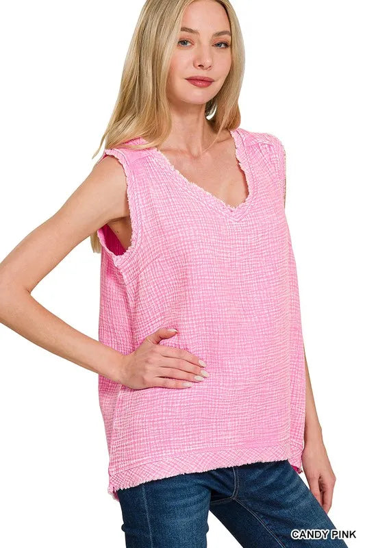 Zenana Double Gauze Raw Edge Acid Washed Tank CANDY PINK