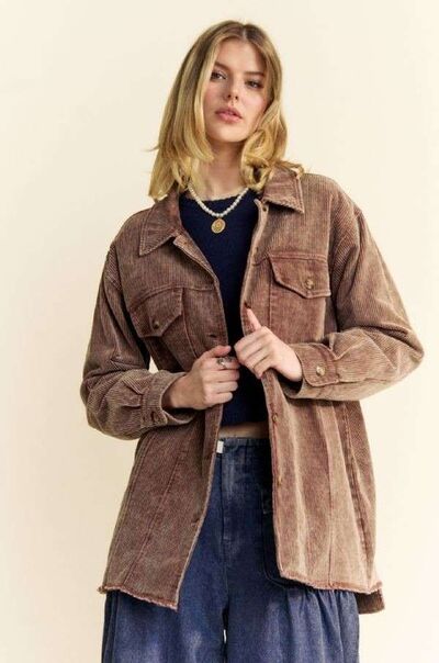 Davi & Dani Washed Corduroy Raw Hem Button Up Jacket Dark Brown
