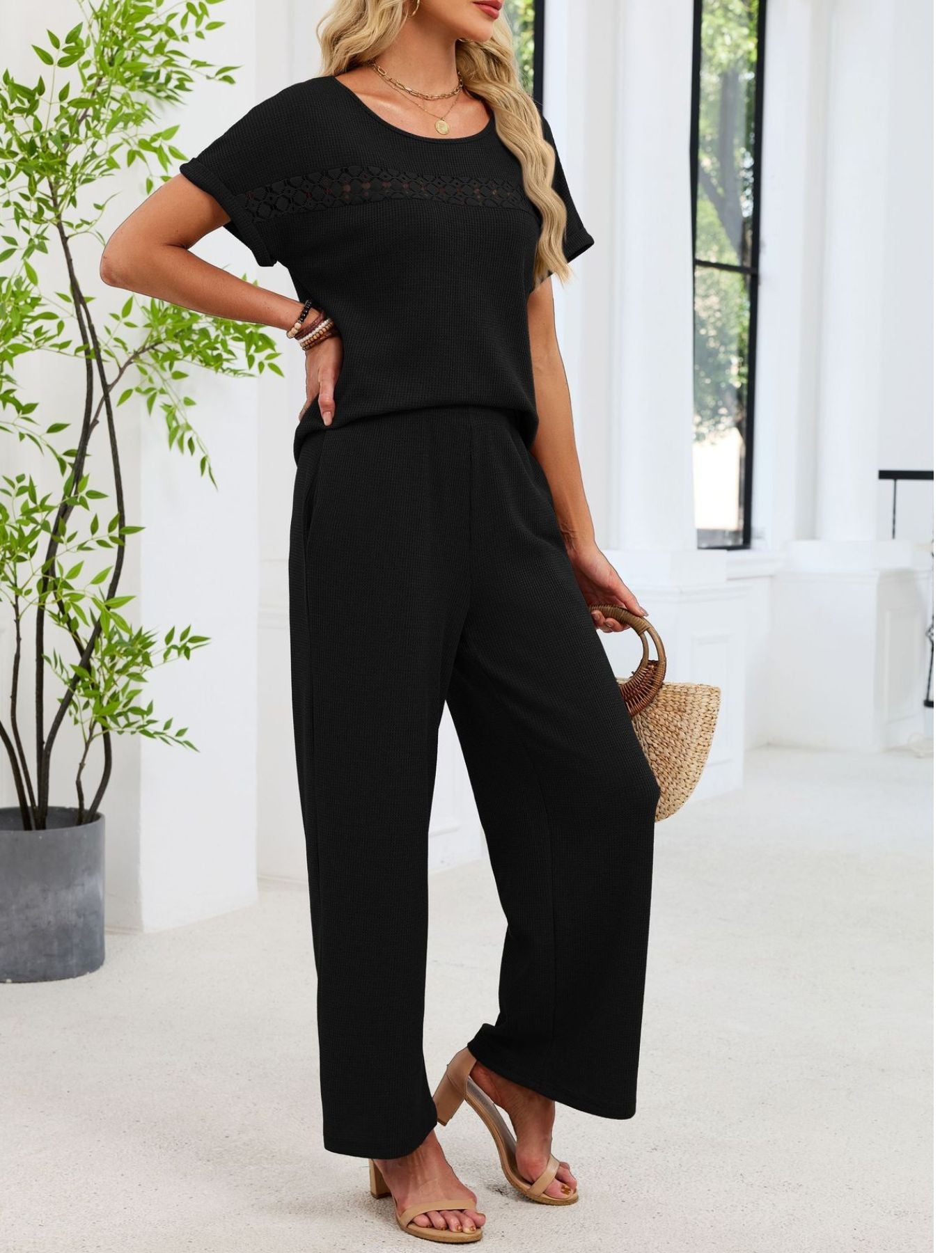 Lace Detail Short Sleeve Top and Pants Set
